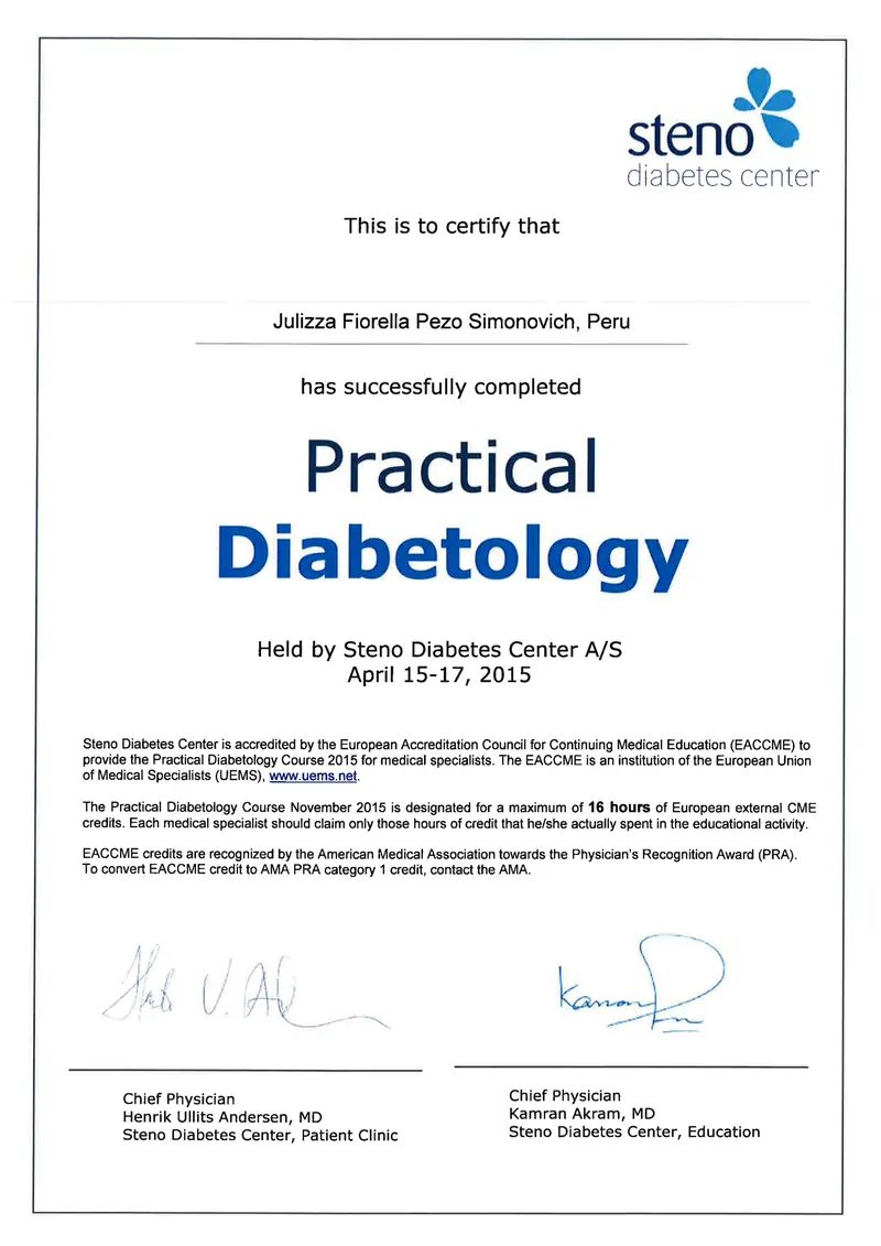 Certificado del curso Practical Diabetology del Steno Diabetes Center, 2015